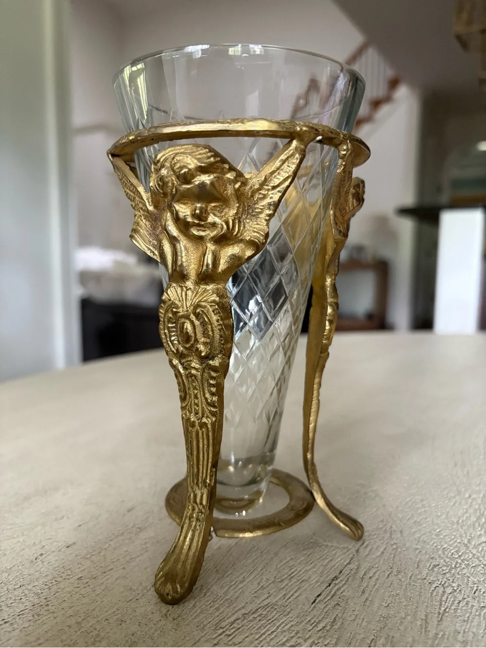Vintage Hollywood Regency Brass Cherub Vase Stand with Cut Glass Trumpet Insert